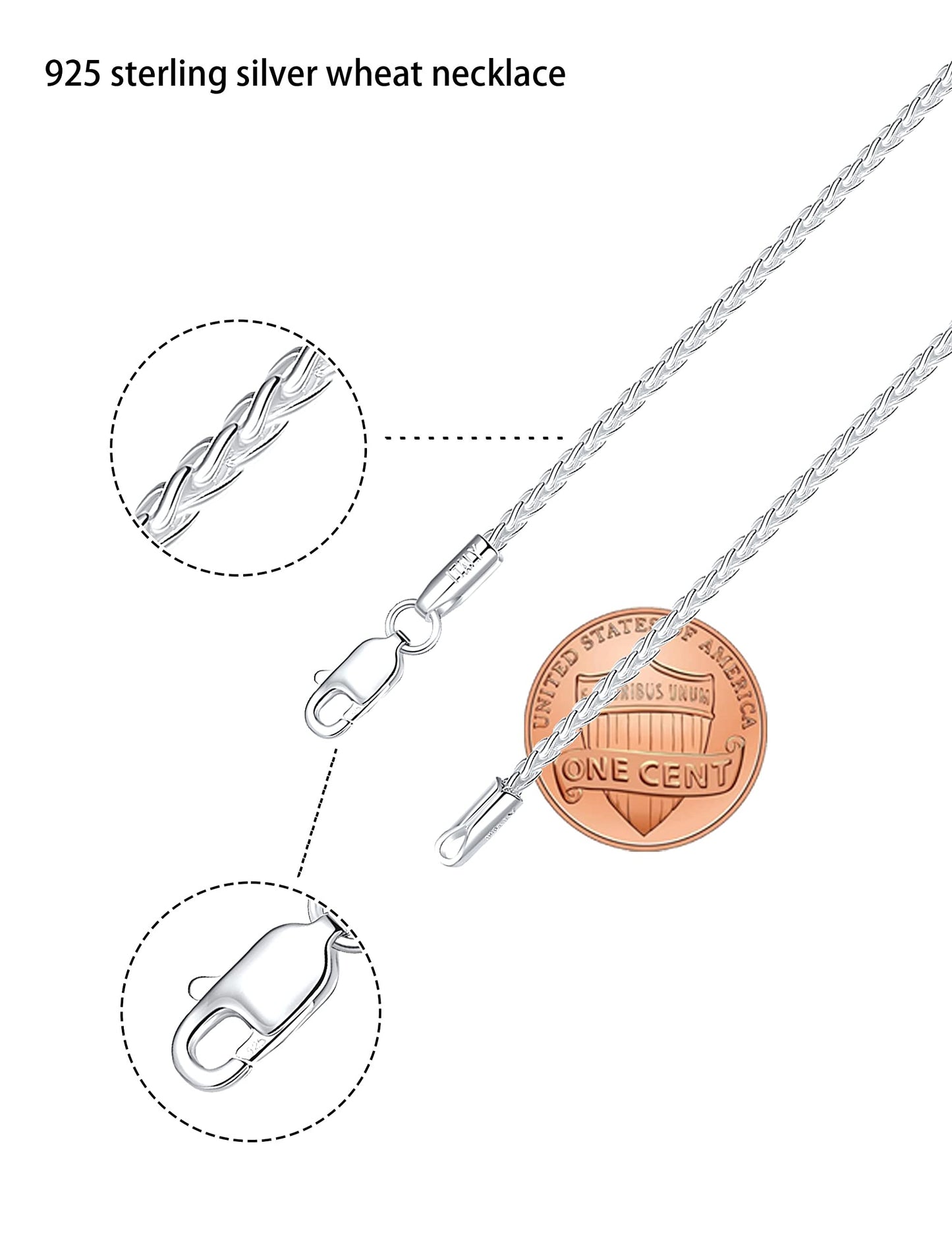 Waitsoul 925 Sterling Silver Wheat Chain Lobster Clasp 2mm Silver Chain for Men Women Silver Necklace Chain 16 Inche