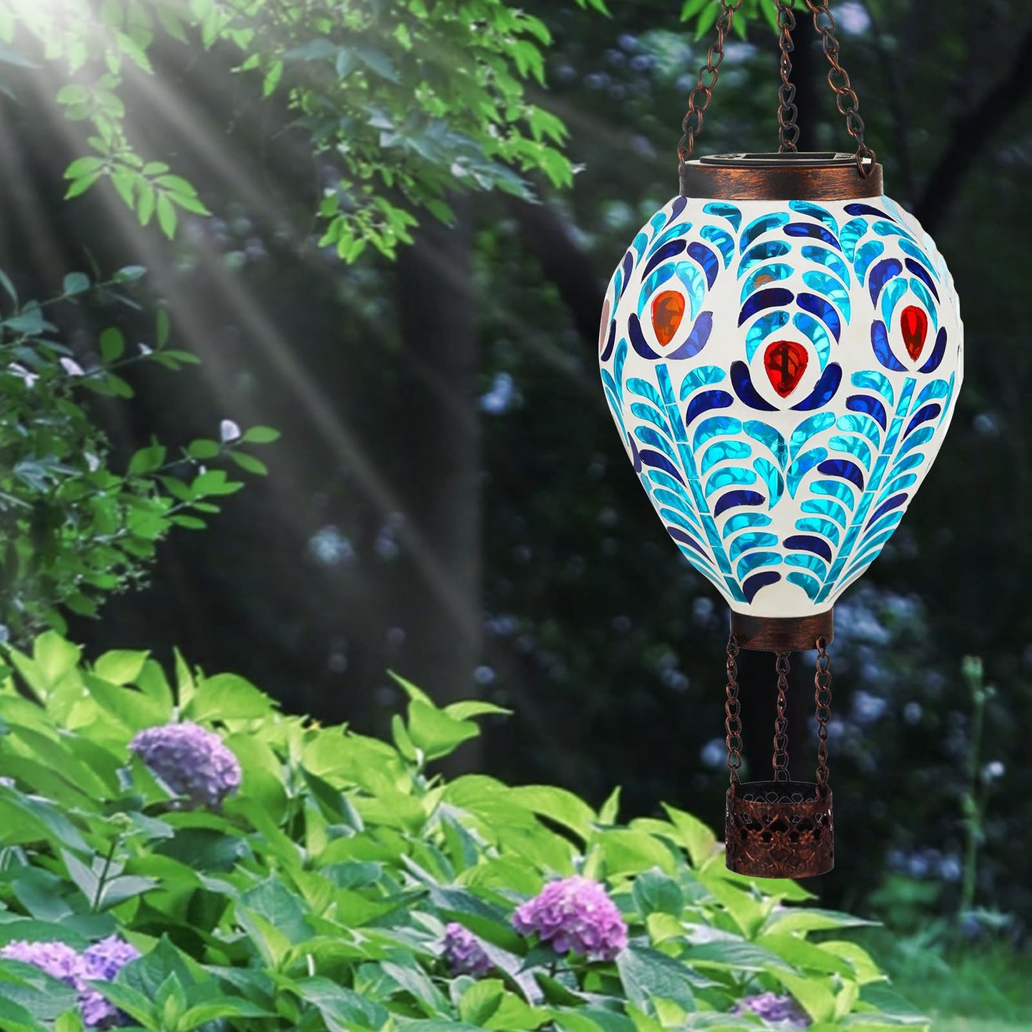 Voreen Hot Air Balloon Solar Lantern Handmade Mosaic Solar Outdoor Hanging Wind Light Waterproof Patio Festive Decor Gift For Mom Wife Friend Peacock Feather Design