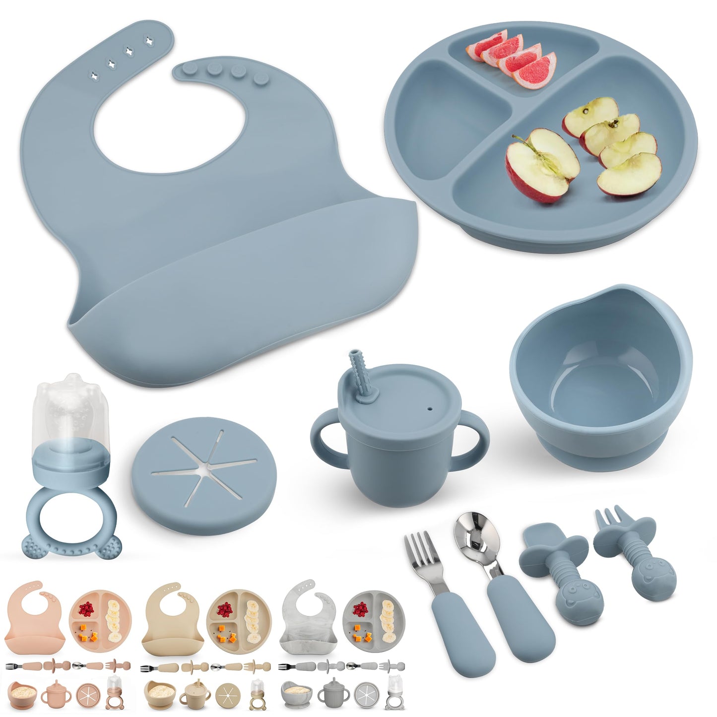 SimplisticStuff BPA-Free Silicone Baby Feeding Set: Includes Suction Plate, Bowl, Sippy Cup w Lid, Fruit Feeder & Teether, Sensory Bump Utensils, Steel Spoon and Fork, Blue