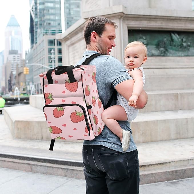 Cute Pink Strawberry Diaper Bag Backpack, Unisex Travel Baby Backpack Diaper Bags with Stroller Straps & Pacifier Case, Large Capacity Waterproof Diaper Backpack