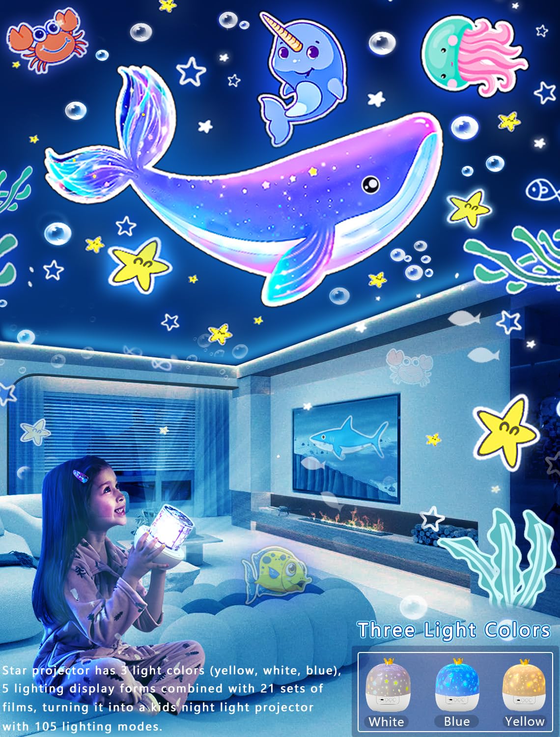 Eigther Night Light Projector with Bluetooth Speaker, Remote, Rechargeable, Small, White, Model EI-HGBT, 21 Film Sets