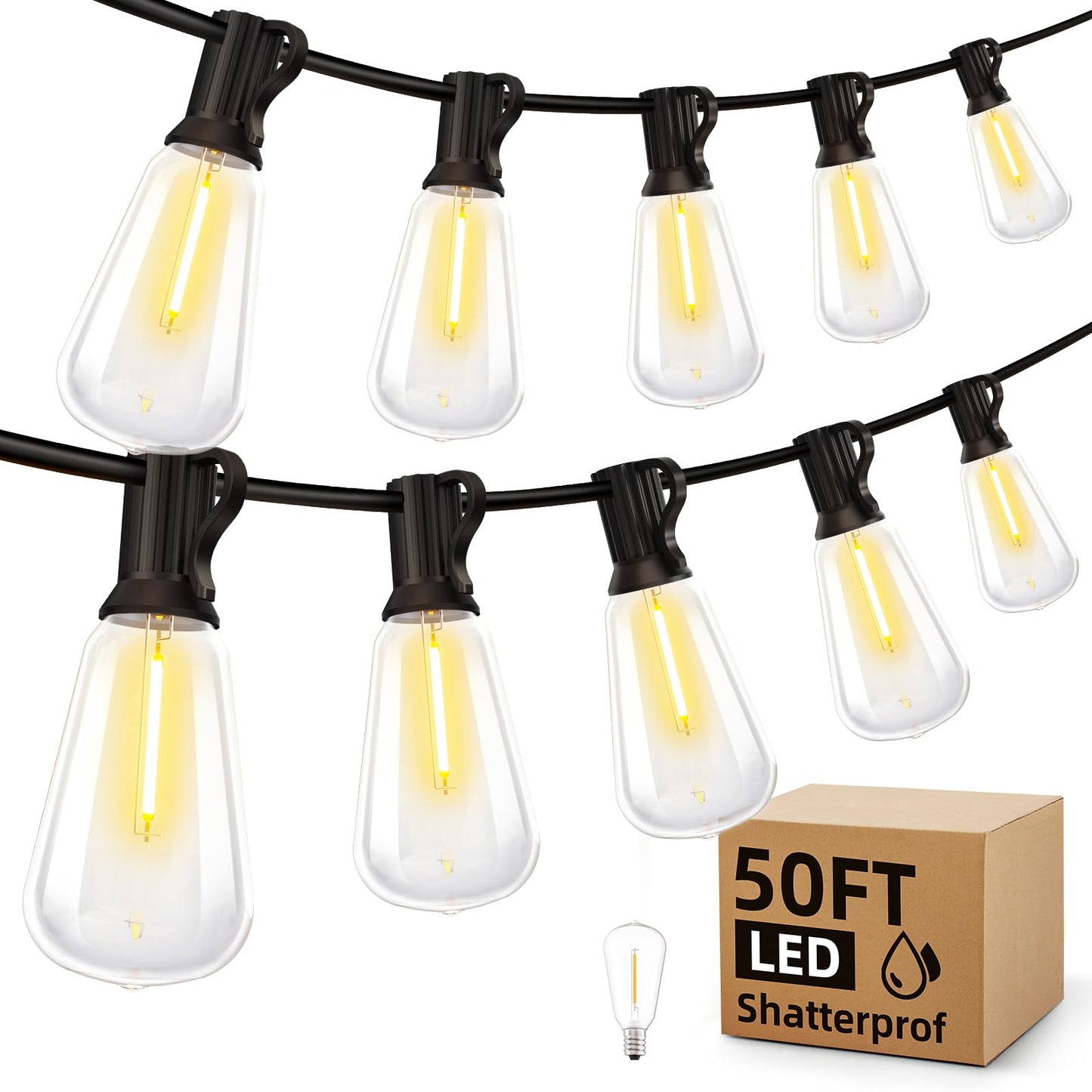 MGVIH Outdoor String Lights, 65FT Waterproof ST38 Shatterproof Bulbs, Black, Model CMC-O24XA