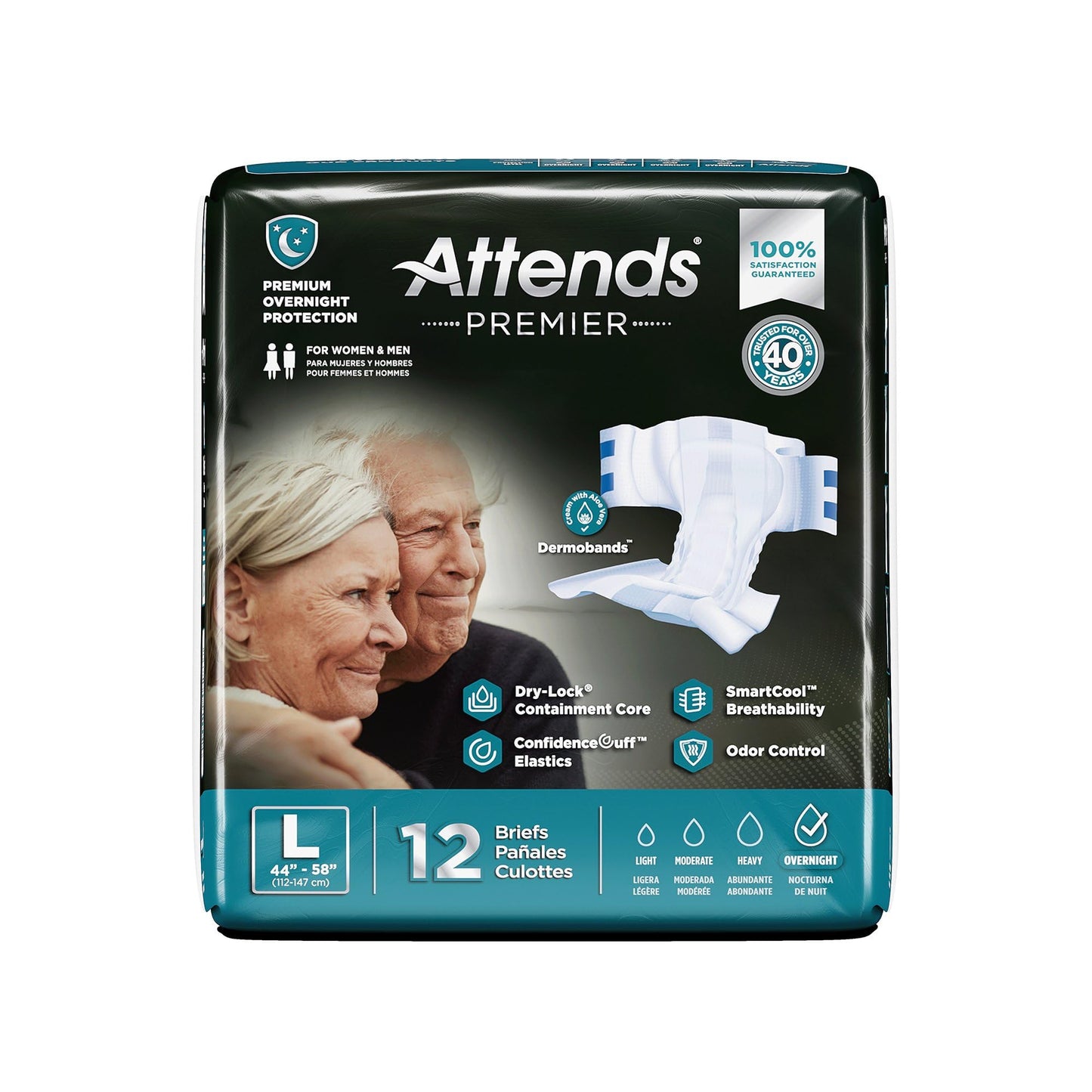Attends Premier Adult Disposable SmartCool® Briefs, Large, 44-58" High-Rise Waist Tab Closure, Premium Overnight Dry-Lock Protection, Odor Control, 48ct Case