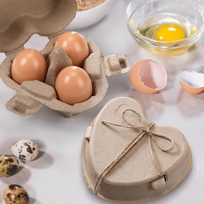 100 Pcs Easter Heart Shaped Eggs Cartons 3 Count Natural Paper Pulp Valentine Egg Cartons with Jute Rope Reusable Cardboard Storage Baskets Holder Tray for Kitchen Holiday Gifts Market Farm