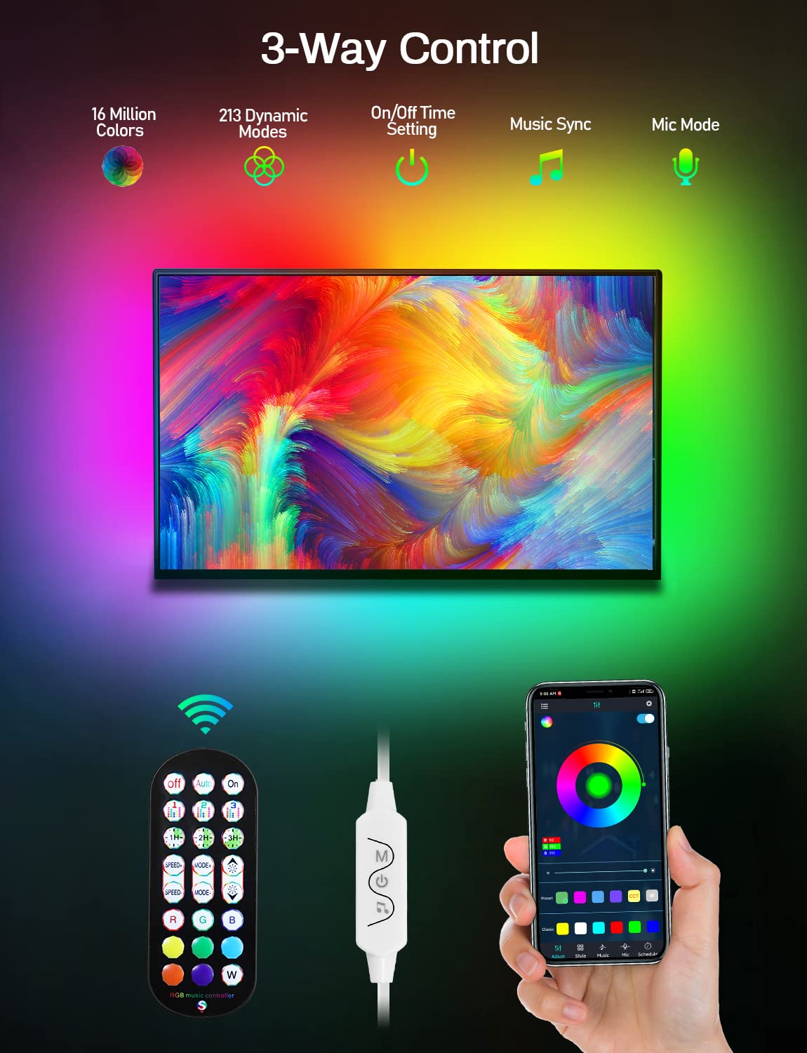 MATICOD LED Strip Lights for TV, 9.84ft RGB, Bluetooth APP Control, Music Sync, Suitable for 32in-43in TV, Rainbow Color