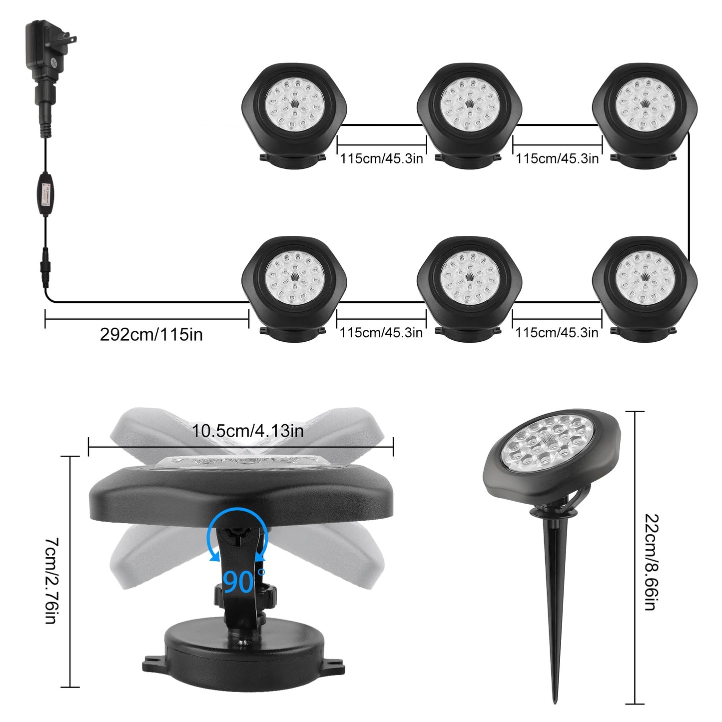 CREPOW RGBW Pond Lights - 18 LED Submersible Fountain Lights, IP68 Waterproof, Remote Control, Multicolor - Set of 6, Model TS-F2230