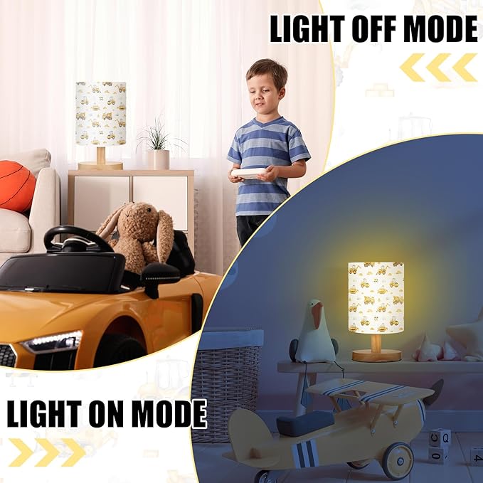 VIHOSE Construction Kids Table Lamp for Bedroom Kids Bedside Lamp with Linen Wooden Nightstand Cartoon Nursery Lampshade for Girls Boys Living Room