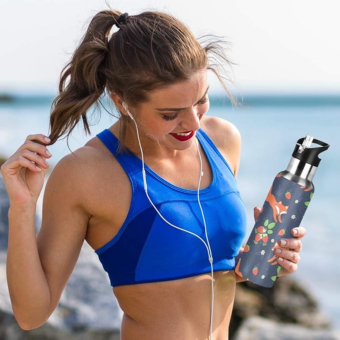 Blueangle 22 OZ Fox And Strawberry Water Bottle with Straw - BPA Free Leakproof Stainless Steel Water Bottle for Women Men Water Jug for Fitness Gym Outdoor Sport