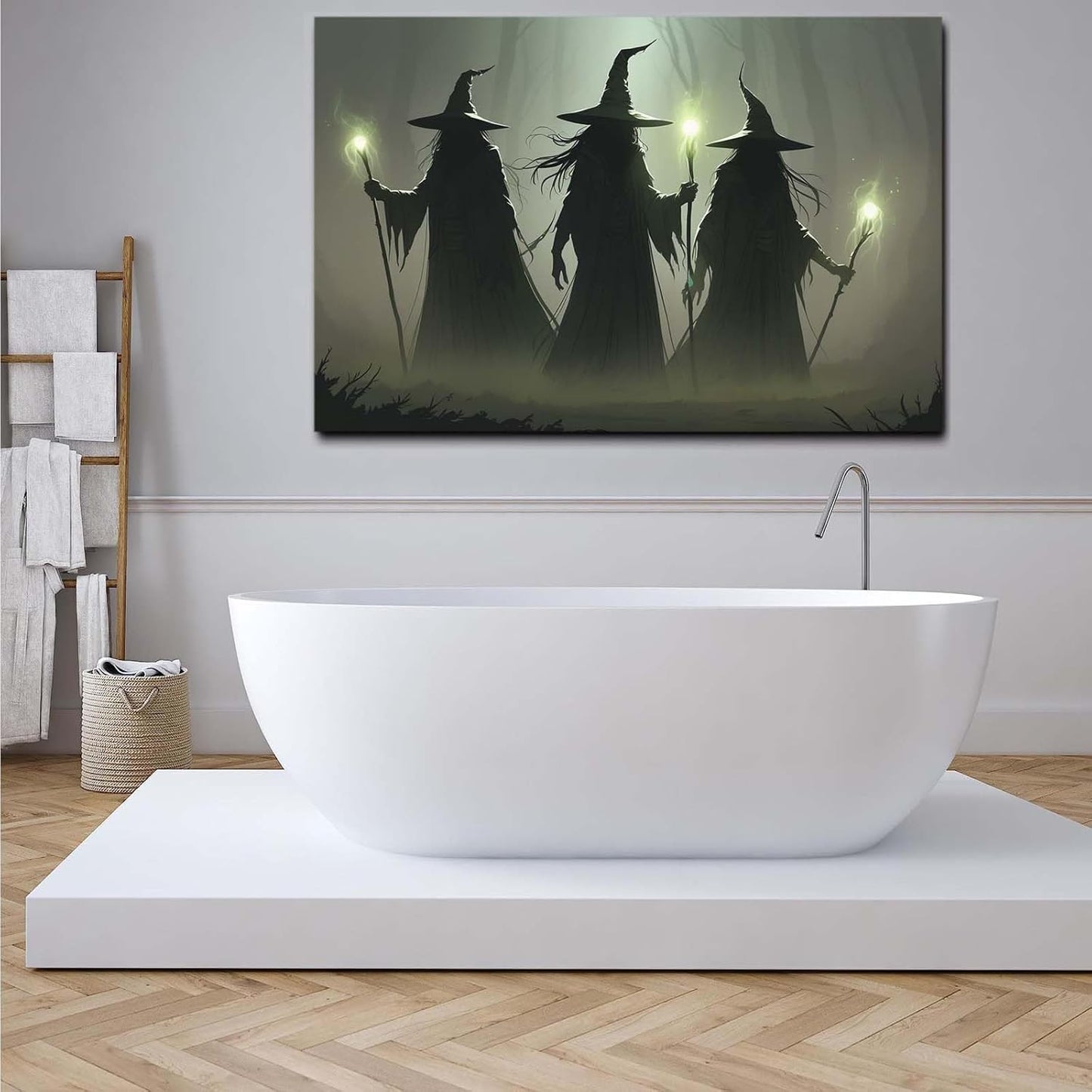 Vintage 3 witches canvas wall decor melancholy dark Halloween poster wall decor holding a staff print Gothic horror Halloween painting print for living room bedroom28x40in Wood Framed