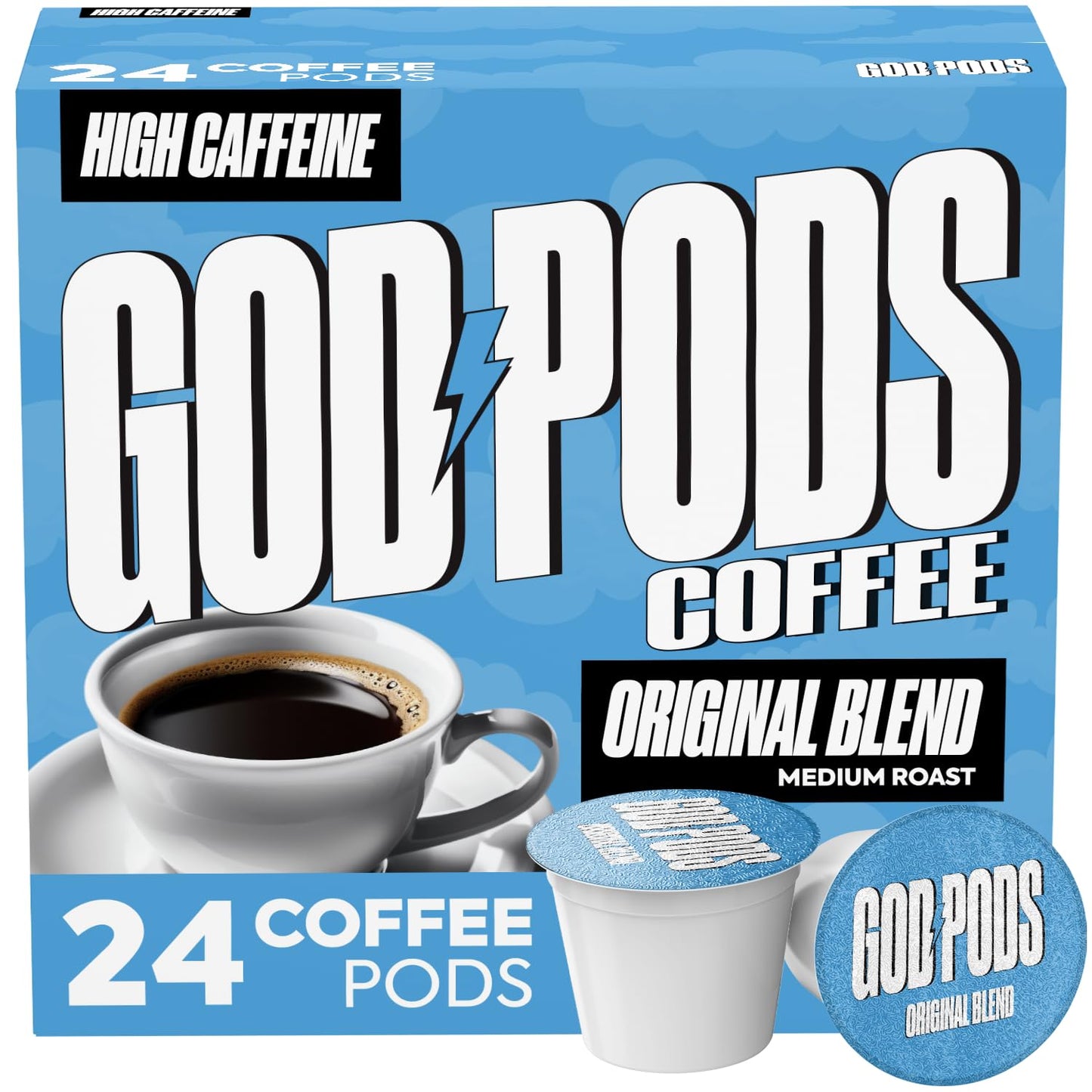 GOD PODS COFFEE High Caffeine Medium Roast K Cups Original Blend Focus and Energy Single Serve Coffee Pods 24 Count