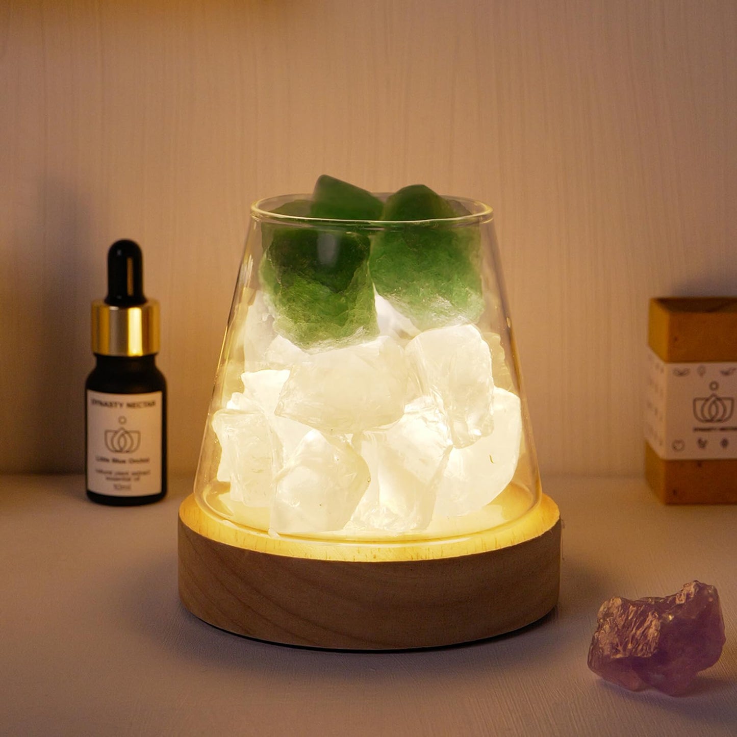 Runyangshi Crystal Night Lamp Natural Green Fluorite Clear Quartz Crystal and Healing Stones Aroma Ambient Light with Remote Con