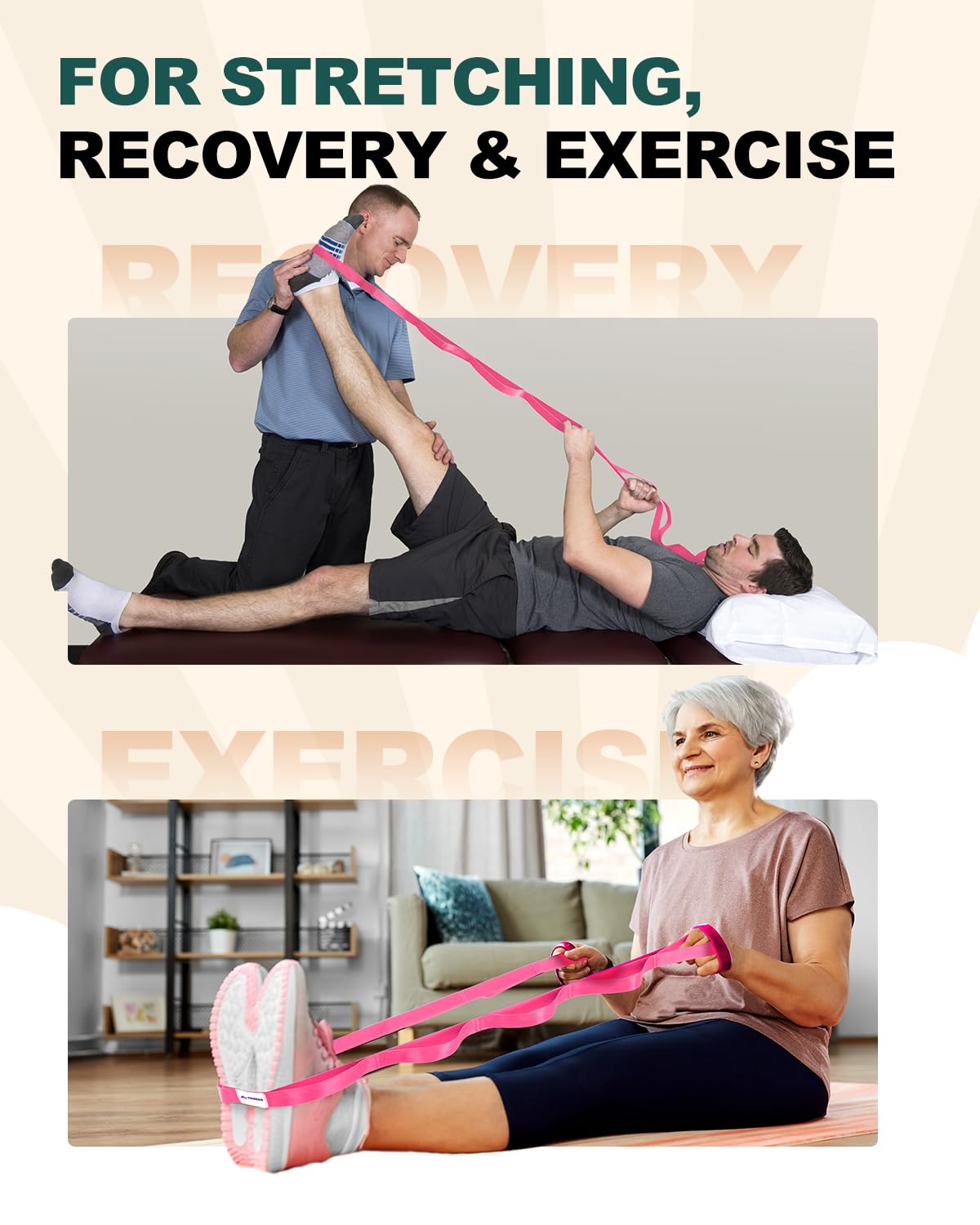 Trideer Stretching Strap Yoga Strap Physical Therapy for Home Workout, Exercise, Pilates and Gymnastics, 10 Loops Non-Elastic Stretch Bands with Aesthetic Packaging for Women & Men (Pink)