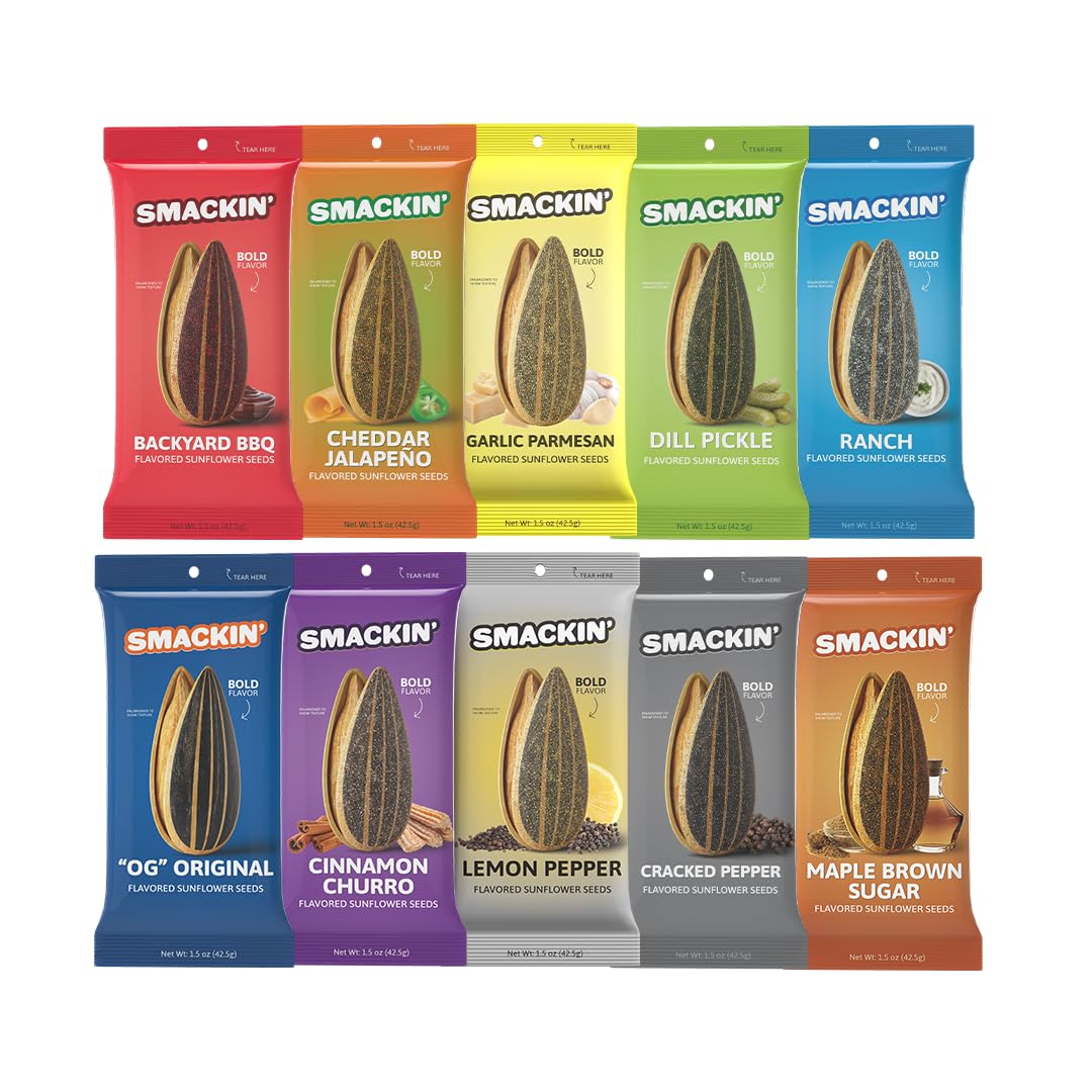 SMACKIN Sunflower Seeds No Salty Burn Roasted Jumbo Small-Batch American Made - 10 Flavor Variety. 1.5oz bags (10 Bags)
