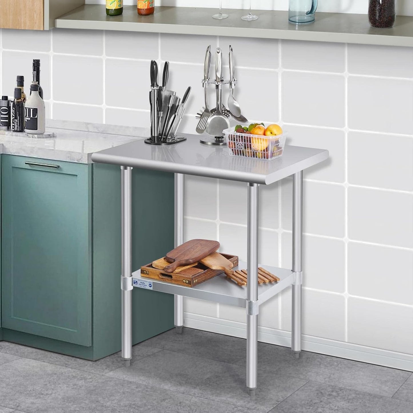 Hally Stainless Steel Table for Prep & Work 24 x 30 Inches, NSF Commercial Heavy Duty Table with Undershelf and Galvanized Legs for Restaurant, Home and Hotel
