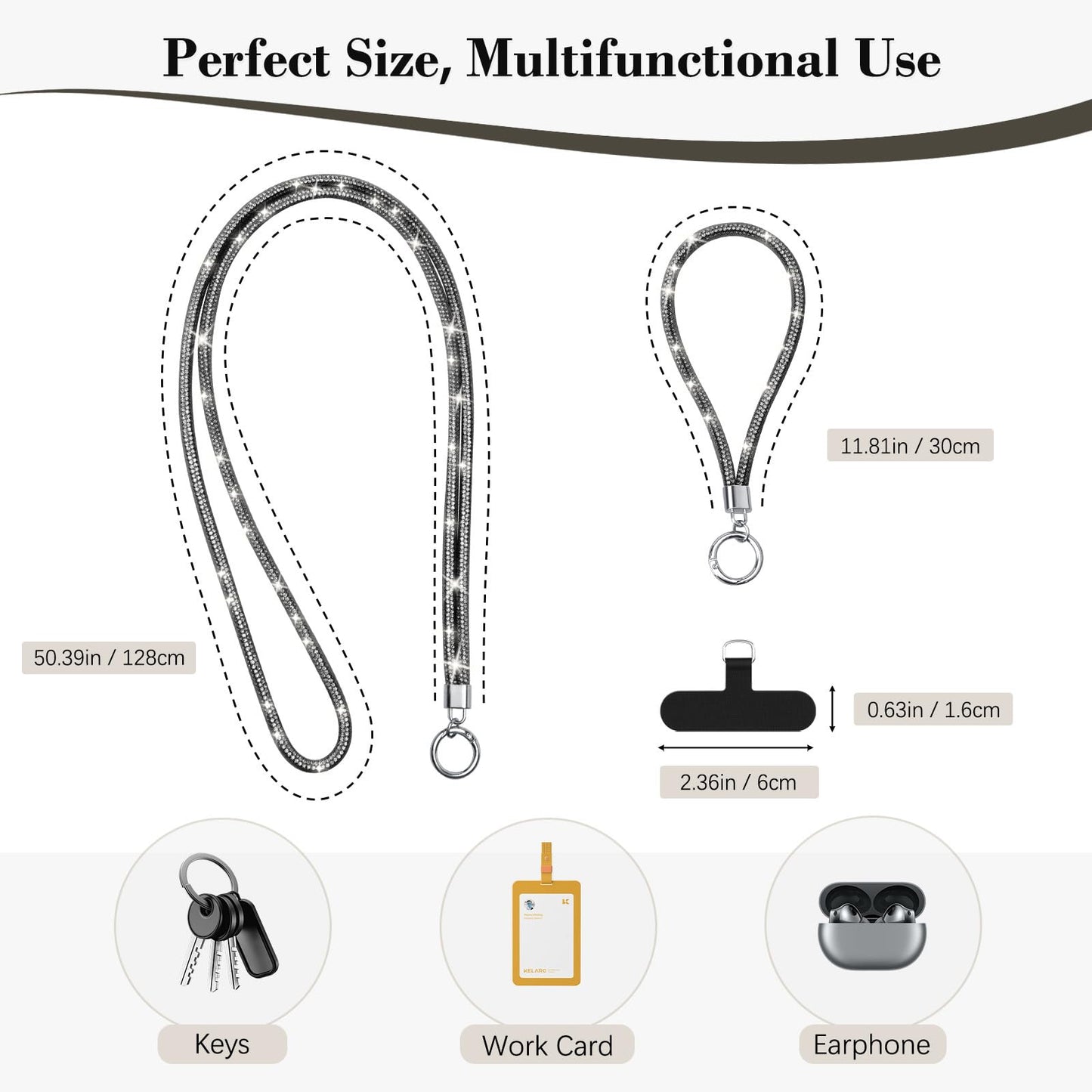 Timovo Universal Phone Lanyard Crossbody, Rhinestone Cell Phone Chain Anti-Theft With 1 Shiny Phone Strap, 1 Wrist Strap, 2
