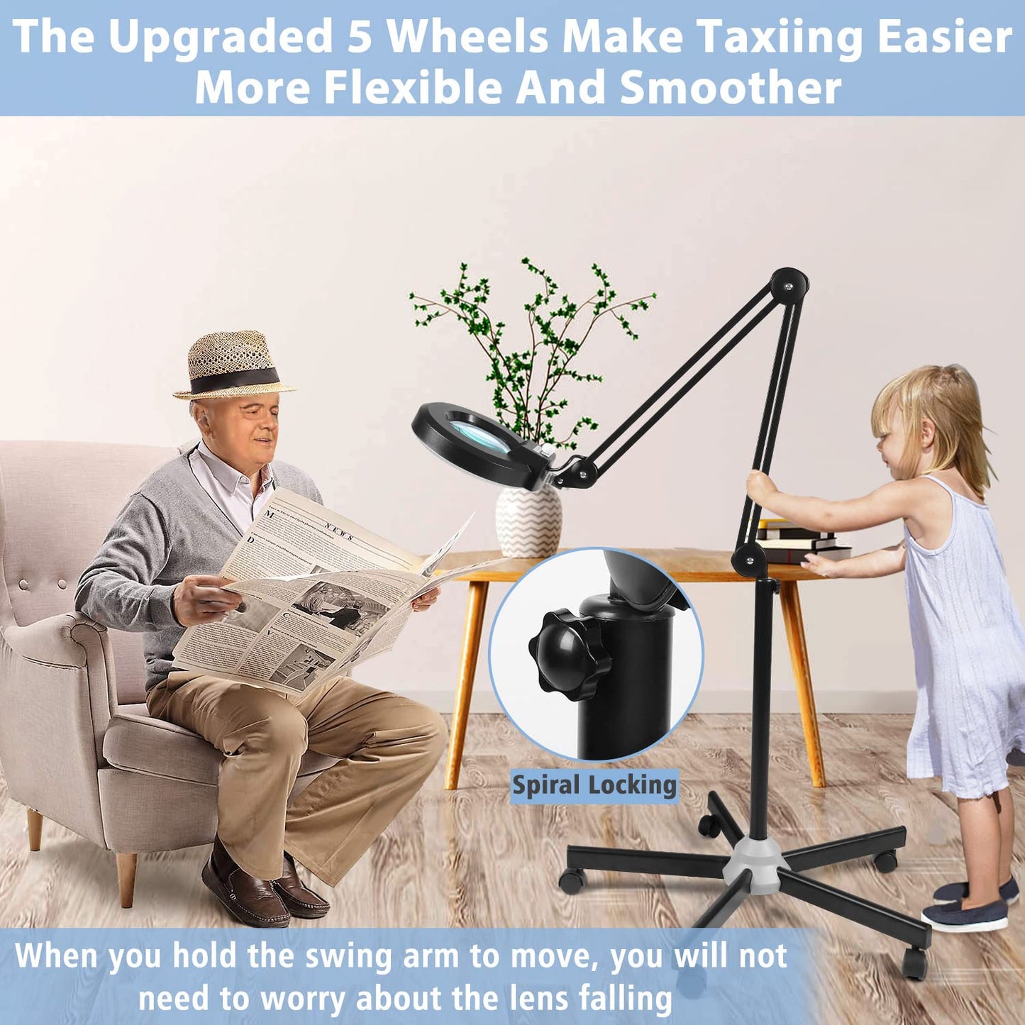 LANCOSC 8X Magnifying Glass with Light, 1,500 Lumens Dimmable LED, Floor Lamp with Rolling Base, Black, Model FL-BH