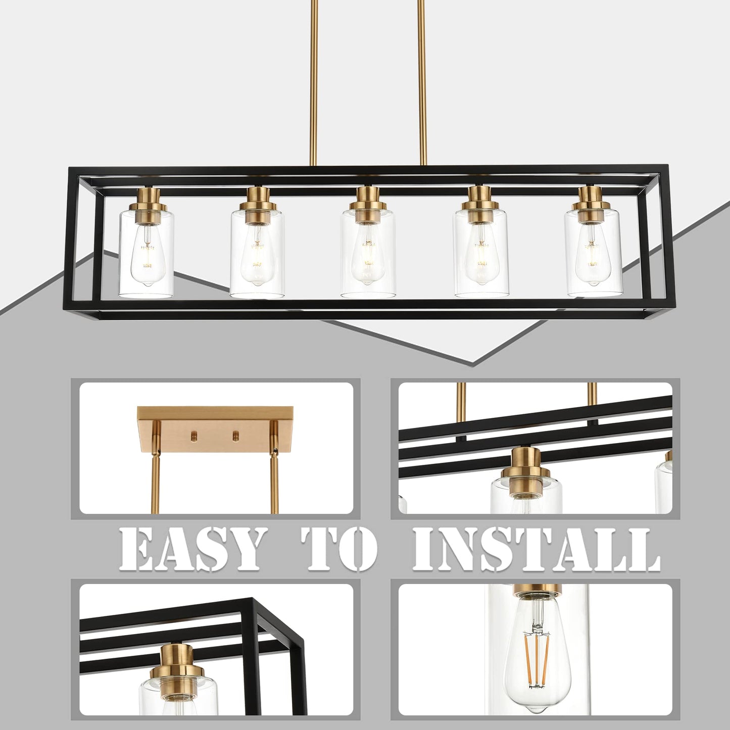 Melucee Black Rectangle Chandelier - 5 Light Linear Pendant Fixture, 36.2 Metal With Clear Glass Shade And Brushed Brass Socket
