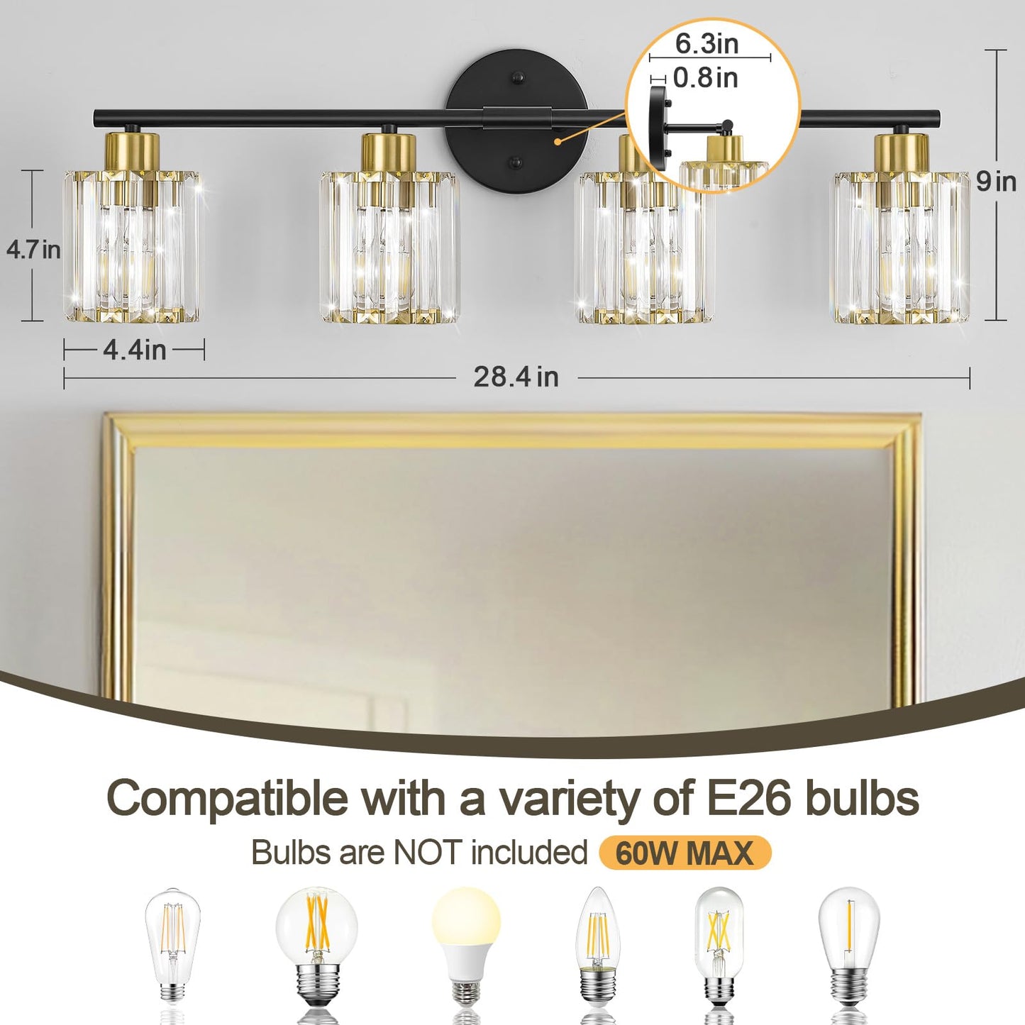 Kvhiiw Crystal Bathroom Light Fixtures, Bathroom Lighting Fixtures Over Mirror, Modern Black Gold 4-Light Vanity Lights for Mirror, Restroom, Bedroom (Ceramic E26 Socket,Bulbs Not Include)