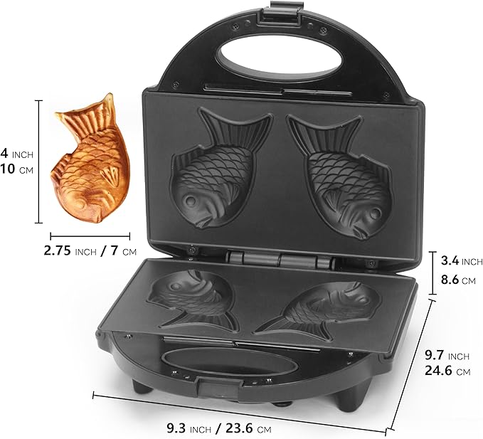Taiyaki Fish Waffle Maker Machine with Non Stick Cooking Plate, Electric Japanese Fish Shaped Waffle Iron Pan, Korean Bungeoppang Pan, Recipe Included