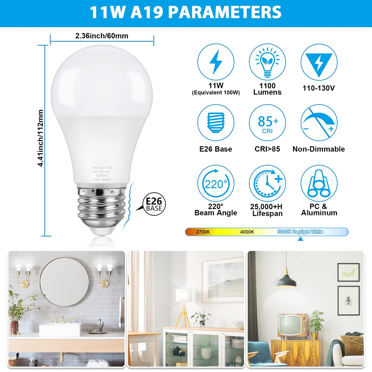ASOMST 4-Pack A19 LED Light Bulbs, 100W Equivalent LED Bulb, 5000K 1100Lumen Light Bulb 11W, Non-Dimmable E26 Frosted Lighting, CRI 85+, No Flicker