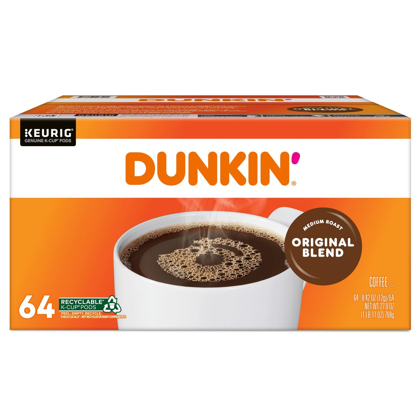 Dunkin Donuts Single-Serve Coffee K-Cup Pods Original Blend Medium Roast Carton Of 64 Pods