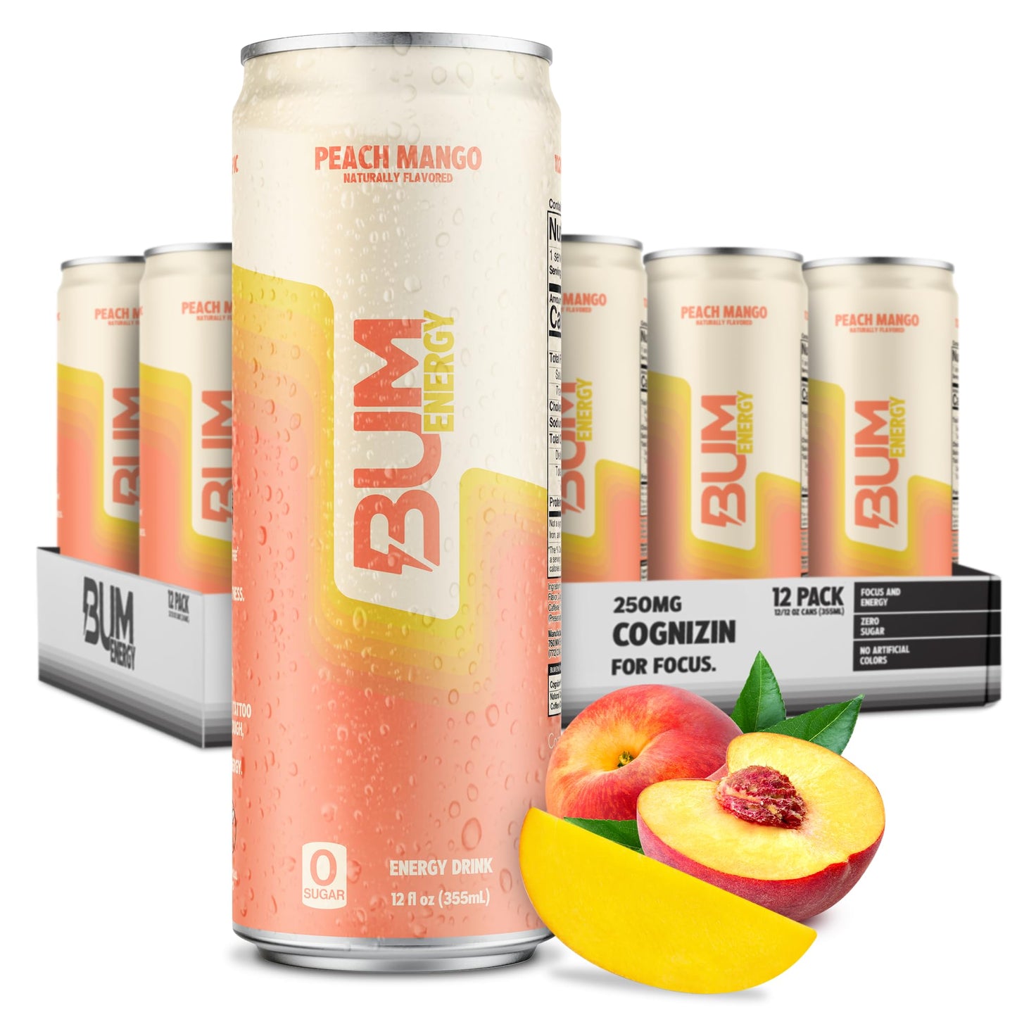 BUM Sugar-Free Energy Drink Peach Mango - Lightly Carbonated & No Artificial Colors Natural Caffeine & Citicoline for Energy & Focus Brain Boost & Workout Sports Beverage - 12 oz Pack of 12