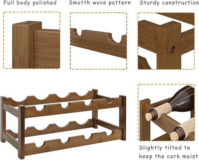 BAMEOS Bamboo Wine Rack, 2 Tier Wine Racks Countertop Storage, Wine Bottle Holder Wine Rack freestanding Floor for Kitchen, Bar, Pantry, Wine Cellar, Basement,Study,Maroon (16.85 L x 9.25W x 7H)