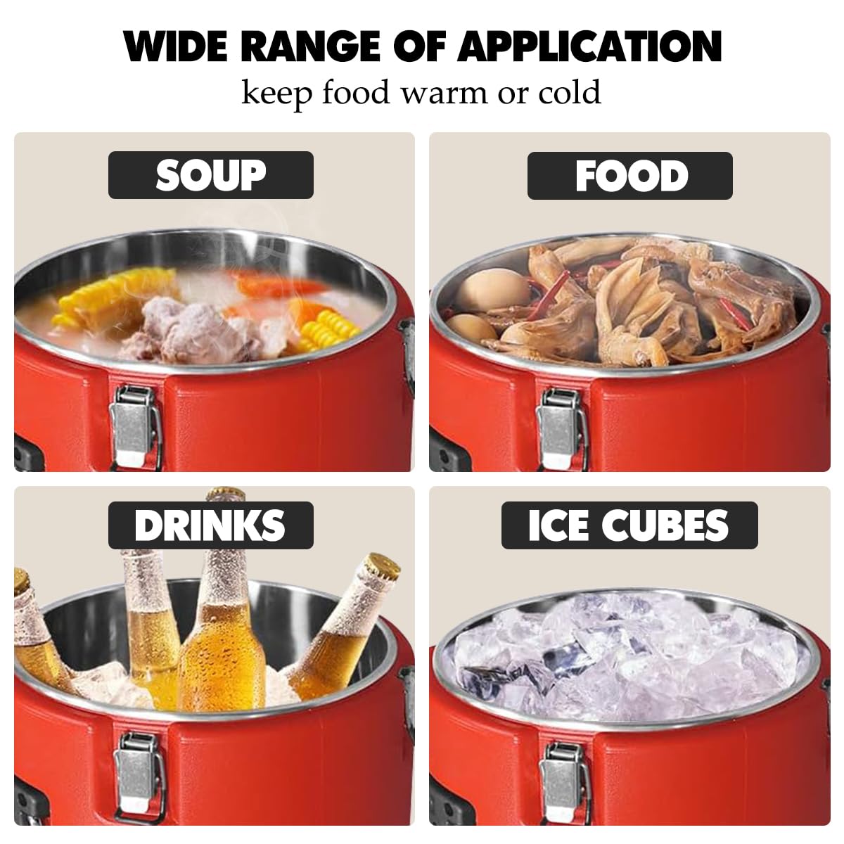 2pcs Insulated Soup Container Commercial Food Warmer for Hot or Cold Food, 2.5 Gallon Hot Box for Catering, Food Cooler with 4 Buckles, Handles, Soup Carrier for Restaurant, Canteen, Home