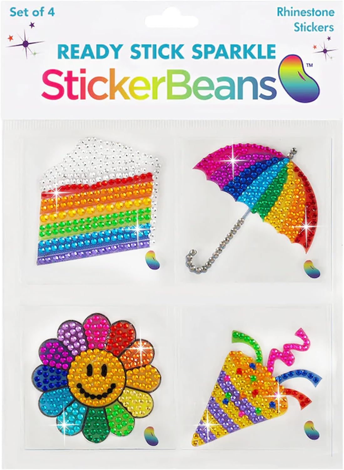 StickerBeans® Rhinestone Stickers - Happiness 4-Pack, 2” x 2” Each, Unique Sparkly Cut-to-Shape for Collecting, Trading, Decorating Laptops, Phone Cases, Scrapbooks - for Kids, Teens, & Adults