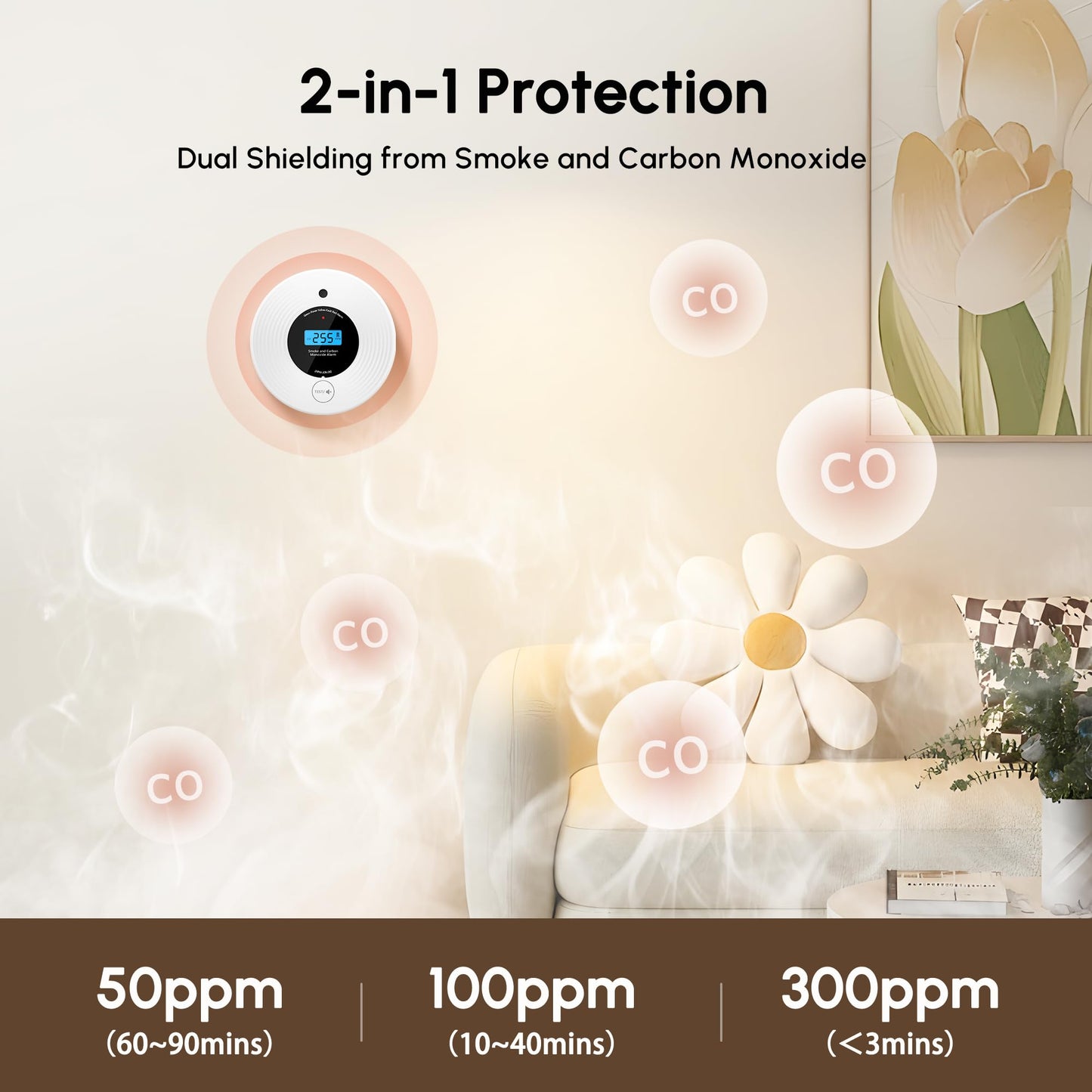 KARUOTOP Smoke Detector Carbon Monoxide Detector Combo 10 Year Battery, Ultra-Thin Smoke Alarm CO Detector with Real-Time LCD Display, Adhesive or Screw Installation