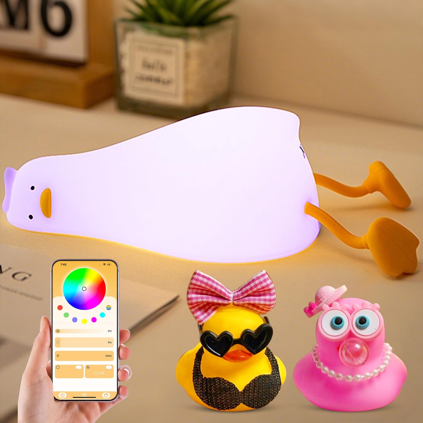 Cute Duck Night Light with Color Changing, APP/Tap Control Fun Lying Flat Ducky Lamp with Blind Box Gift,Soft Silicone Nursery N