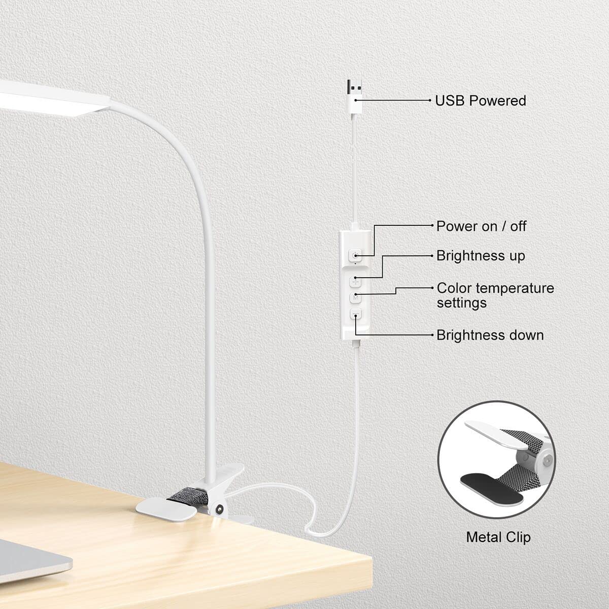 Vansuny LED Desk Lamp with Metal Clip, 11 Brightness Levels, 3 Color Modes, USB Powered, Flexible Gooseneck, White
