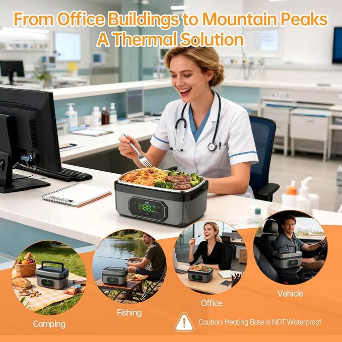 2025 Upgraded Model: 21000mAh Rechargeable Cordless Electric Lunch Box for Adults, 1.2L Food Warmer with Timer & Leak-Proof, Portable Self-Heating Container for Office, Car, Travel, Outdoor