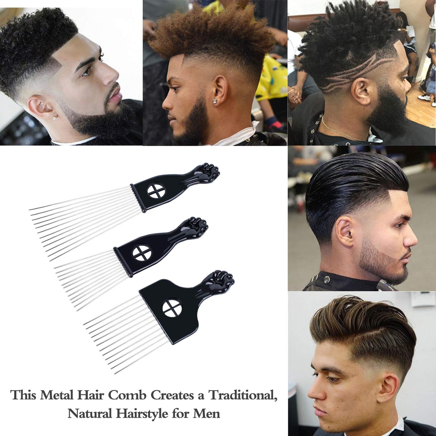LEADUWAY Hair Picks - Black Metal Afro Combs for Hair Styling, Fist Pick for Women and Men