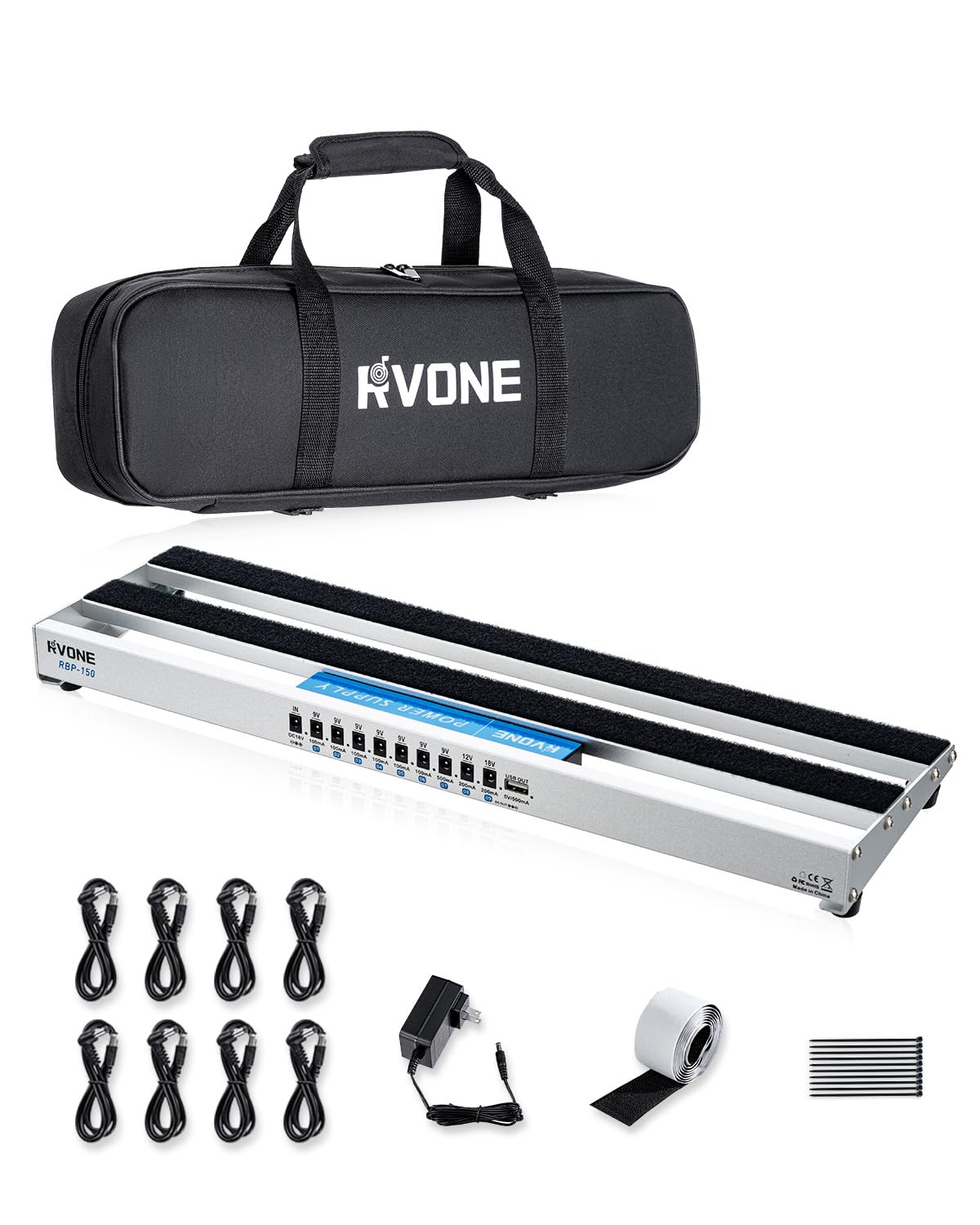 RVONE Guitar Pedal Board with Built-in Power Supply, Small 19.09x5.11 Aluminum Alloy Portable Pedalboard with Bag, Pedal Cables,