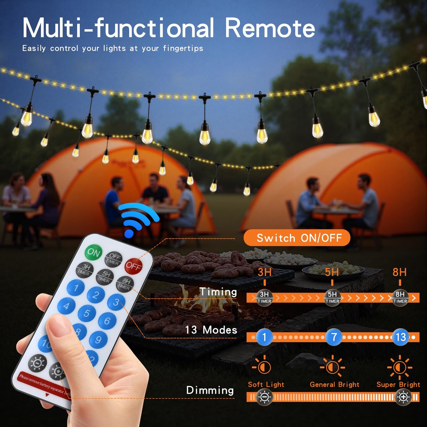 HONEYYEAR Solar String Lights - 33FT Waterproof with USB Port & Remote Control, Dimmable LED Shatterproof Bulbs, White, Model ZM-BR12L-2