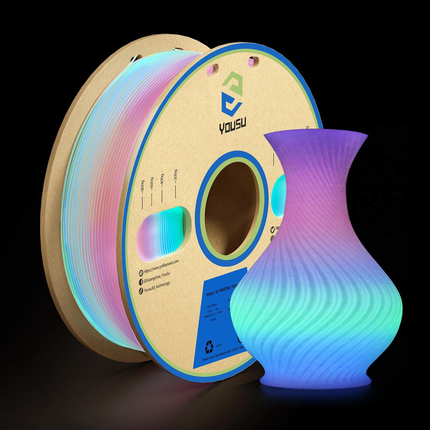 YOUSU PLA Filament Glow in The Dark Multicolor,Rainbow PLA Filament, Gradient 3D Printer Filament Color Change, 1kg(2.2lbs) Spoo