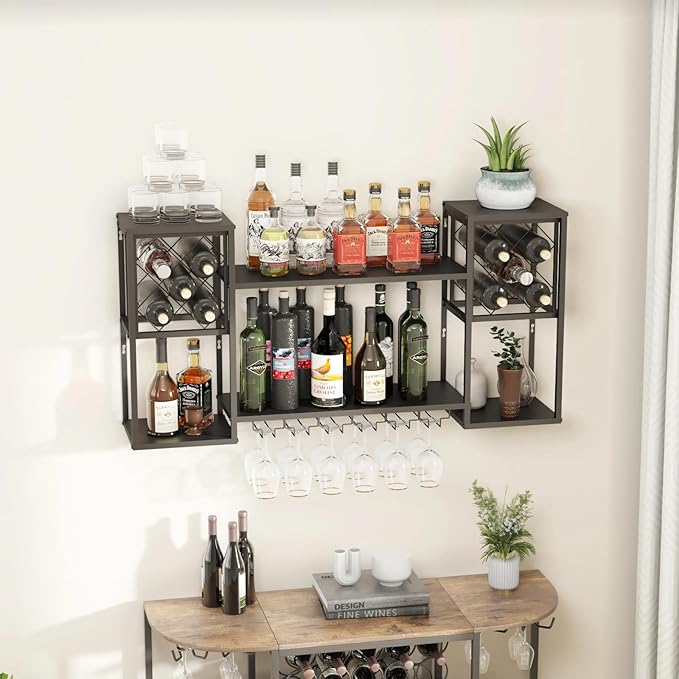 Wall Mounted Wine Rack, Multi Functional Bar Shelves for Liquor Bottles with Glass Holder, Modern Metal Bar Shelves Wall Mounted for Home Bar, Kitchen (Black, 47.3" L x 9.9" W x 23.6" H)