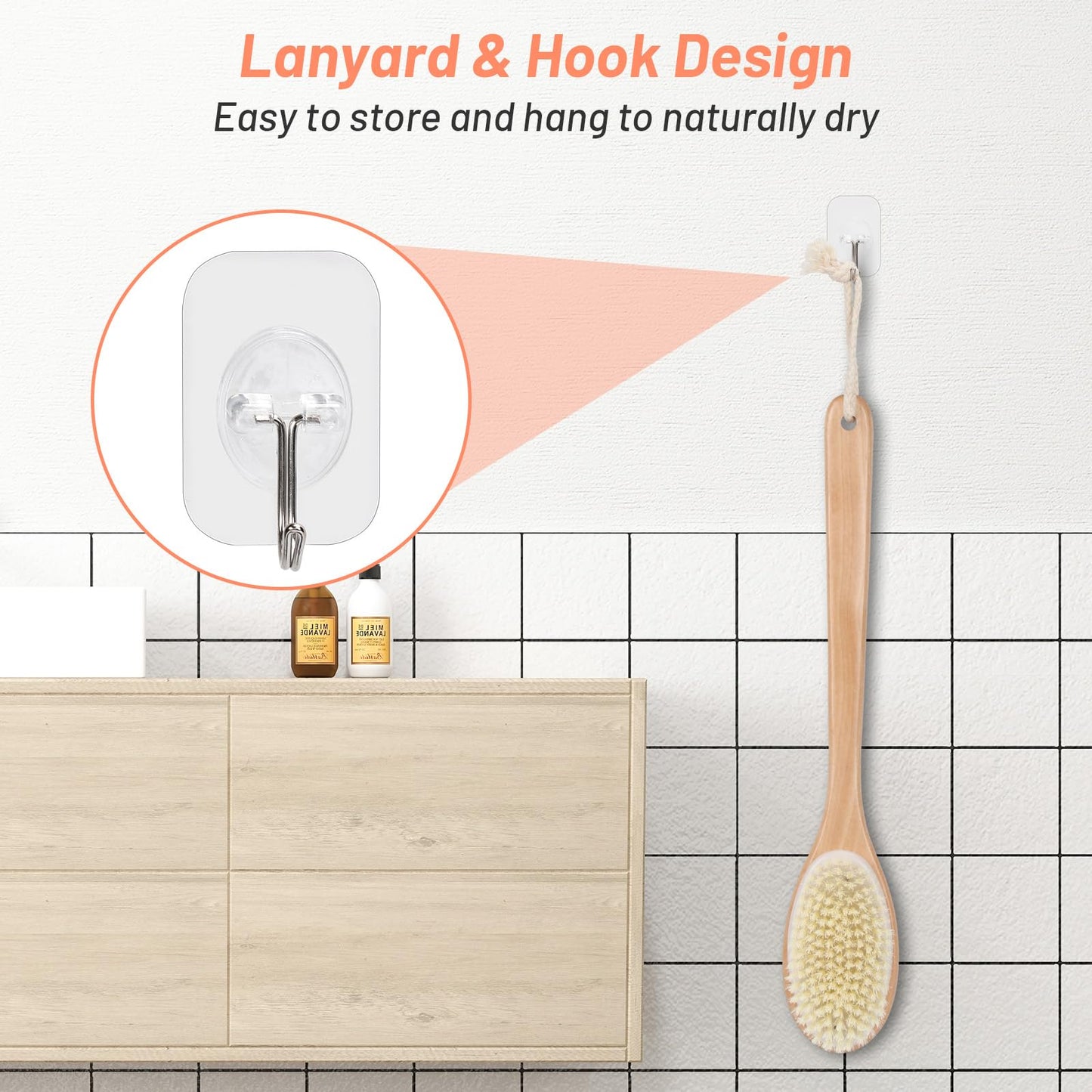 Alyvisun Wooden Back Scrubber for Shower with Long Handle, Dual-Sided Bath Brush Body Scrubber with Stiff and Soft Bristles, Exf