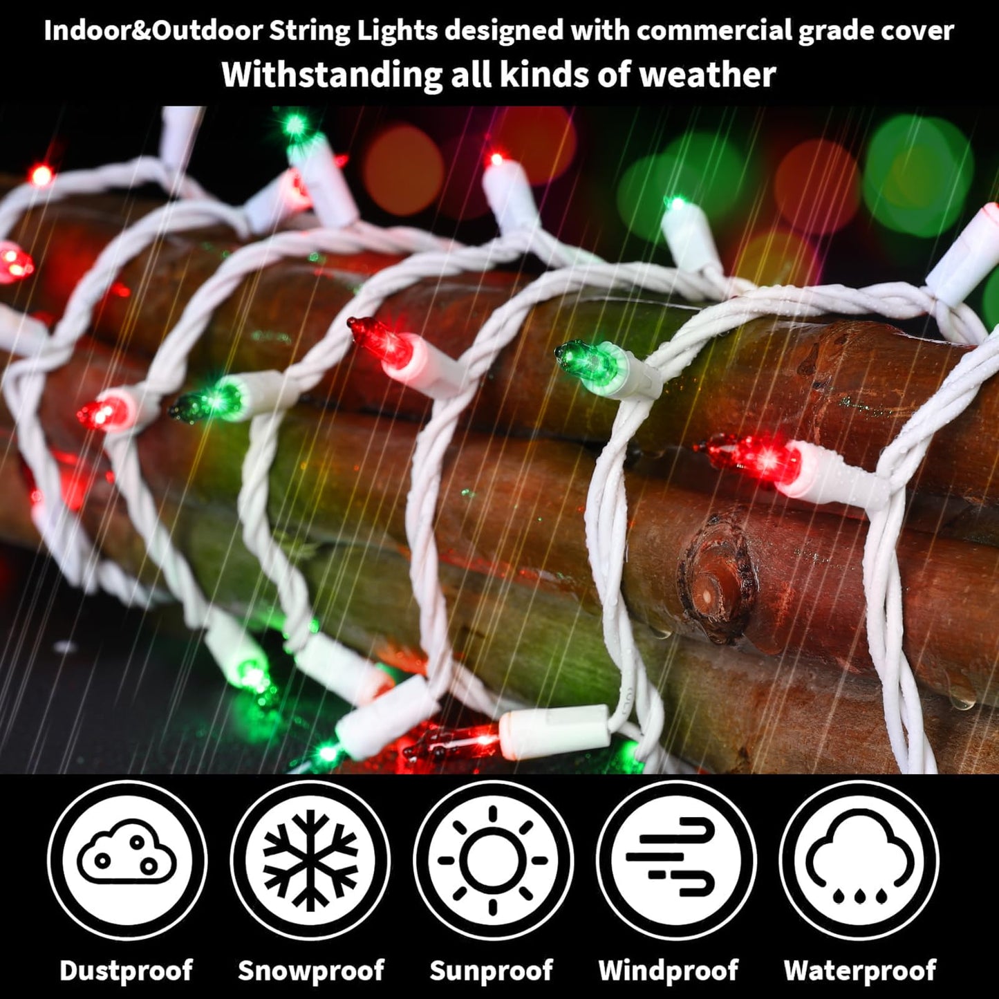 Lamphome 100 Count Red Green Christmas Lights White Wire 20Ft Incandescent Holiday String Light Set For Indoor Outdoor Use Christmas Tree Halloween Valentine Wedding Lighting Decoration
