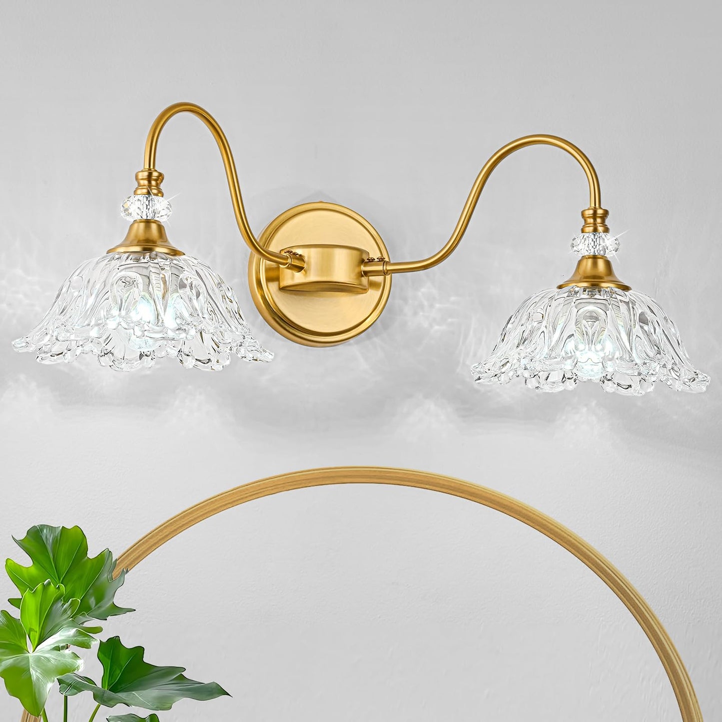 Sunkryster Gold Bathroom Vanity Light 2-Light Brushed Gold Finish Vanity Light With Floral Clear Glass Shades Retro Wall Mount Lighting For Bathroom Dressing Table