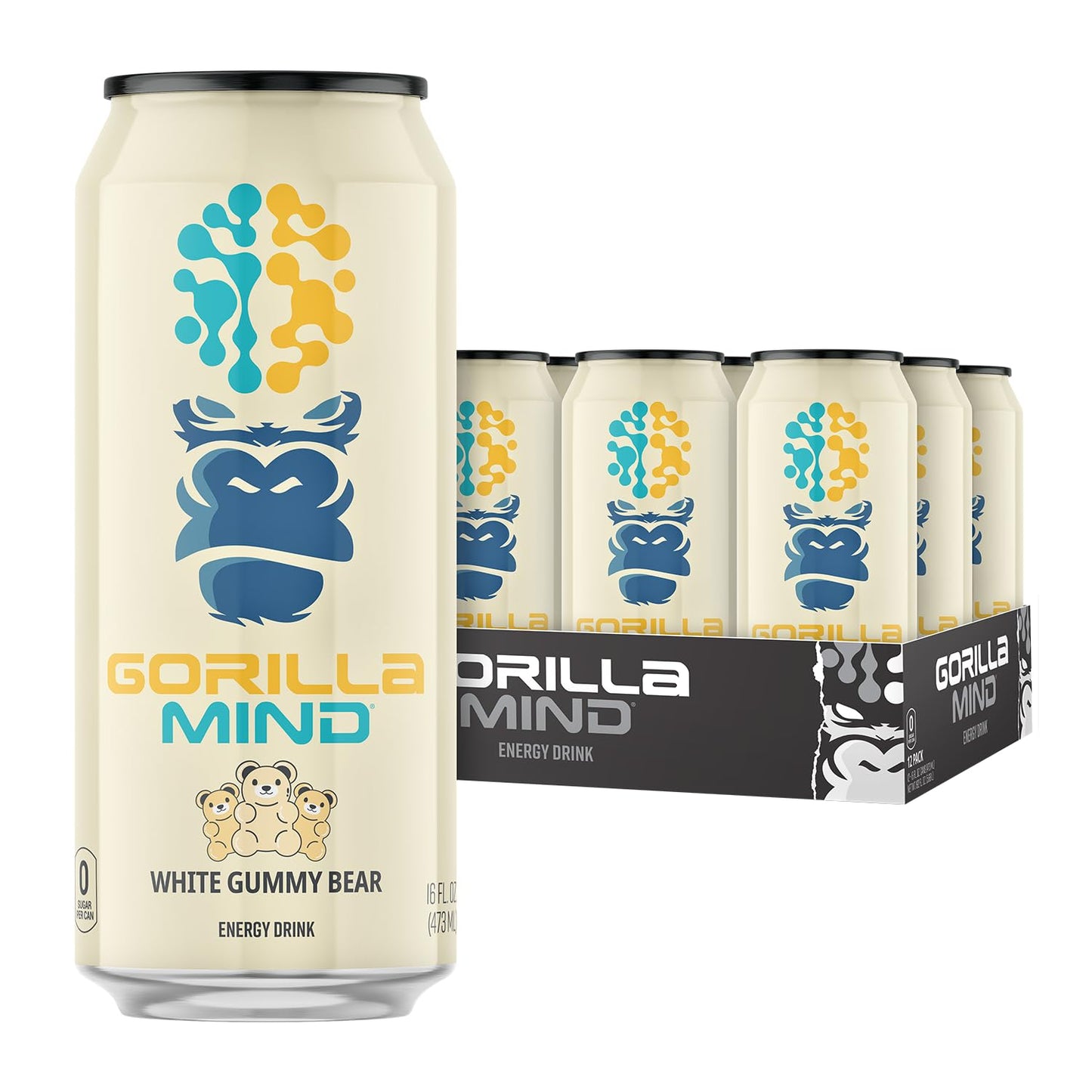 Gorilla Mind Energy Drink | Unmatched Energy Amplified Focus | N-Acetyl-L-Tyrosine Alpha-GPC 200mg Caffeine Uridine Saffron | 0 Sugar Or Artificial Colors | 16oz 12-Pack (White Gummy Bear)