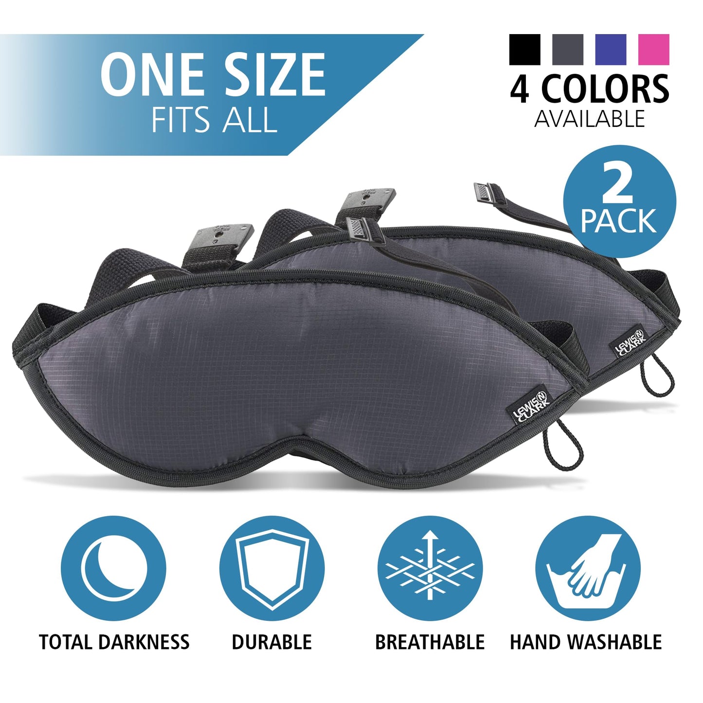 Lewis N. Clark Comfort Eye Mask + Sleep Aid to Block Light for Travel, Airplane, Hotel, Airport, Insomnia + Headache Relief with Adjustable Straps, 2 pack, Black