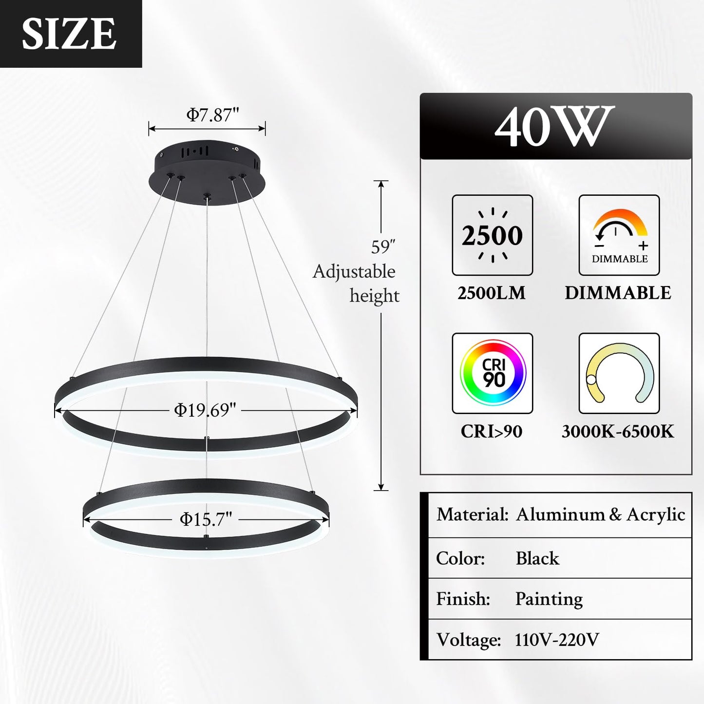Sparklelf Modern LED Chandelier Pendant Light, Black, 2 Rings, Remote Control, Circular Flush Mount, 3000K-6500K for Living Room, Bedroom, Dining Room