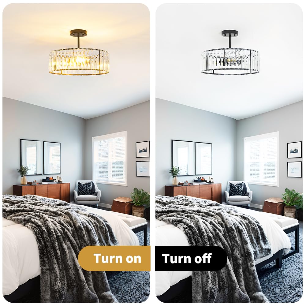 Modern Crystal Ceiling Light Fixture Semi Flush Mount Ceiling Light Matte Black Hallway Lighting Fixtures Chandelier Crystal Chandelier For Kitchen Bedroom Dining Room Closet 5-Light 16 Inch