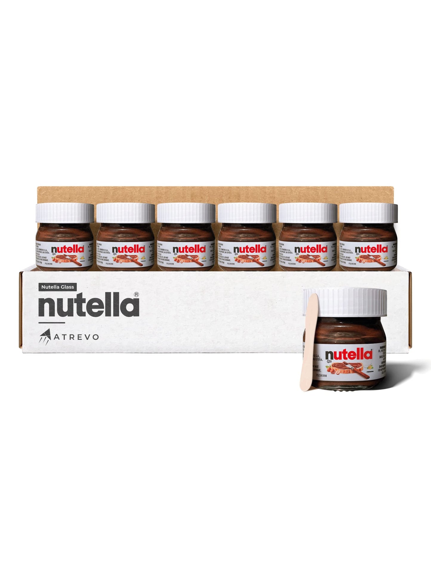 Mini Nutella Glass Jars Chocolate Hazelnut Spread 0.88 oz (Pack of 7) with 7 Wooden Spoons - Holiday Chocolate Treats, Coworker