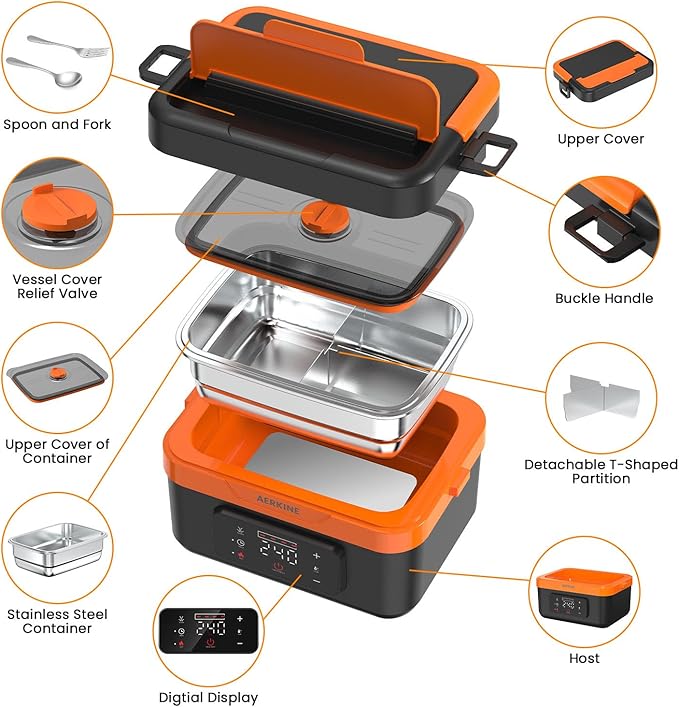 Electric Lunch Box For Adults - Rechargeable 75W Self-Heating Food Warmer with 6.3 Cups(1.5L) Stainless Steel Container, Heated Lunch Box For Office, Picnic, Car & Outdoor Use(Orange)