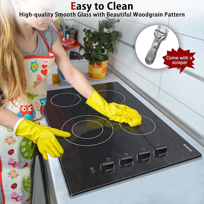 Karinear 30 Inch 4 Burners Electric Cooktop, Knob Control Electric Stove Glass Cooktops with Beautiful Wooden Pattern, 30" Built-in Radiant Ceramic Cooktop,6700W High Power,220-240v Hard Wire(No Plug)