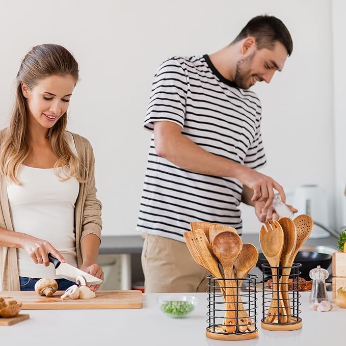 2 Pieces Utensil Holders, 5.1*5.1*5.8 and 3.7*3.7*5.8 inches Kitchen Utensil Holders, Metal Black Crocks with Wooden Base, Easy to Drain