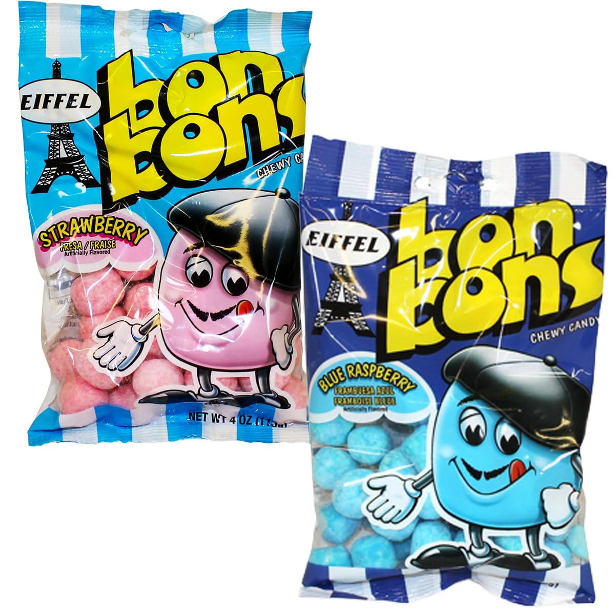 Eiffel Bon Bons Variety 2 Pack 4 Ounce Each (Pack of 2) Blue Raspberry & Strawberry Chewy Candy Snack The Hampton Popcorn & Candy Company